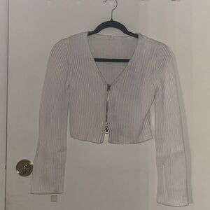 White Full Zip V-Neck Cropped Sweater